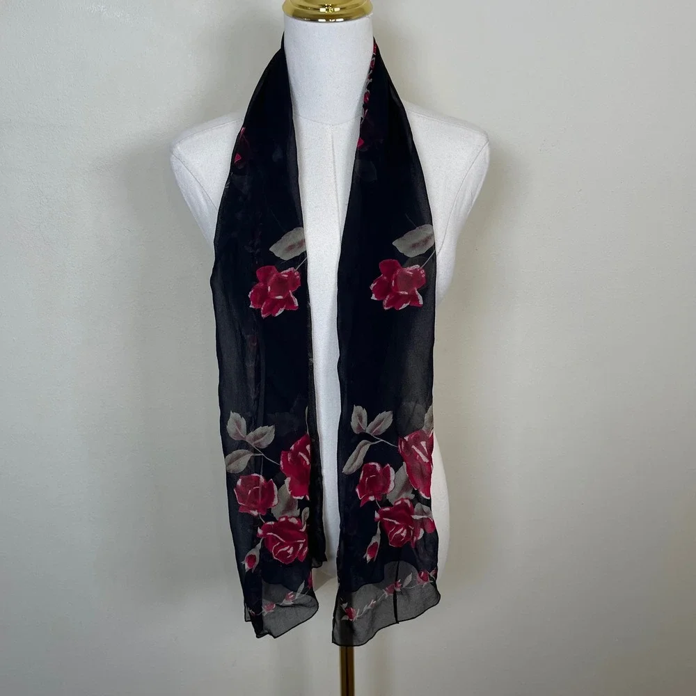 Vintage Floral Rose Silk Chiffon Scarf Black Red‎ Sheer 90s Goth Dark Romantic
